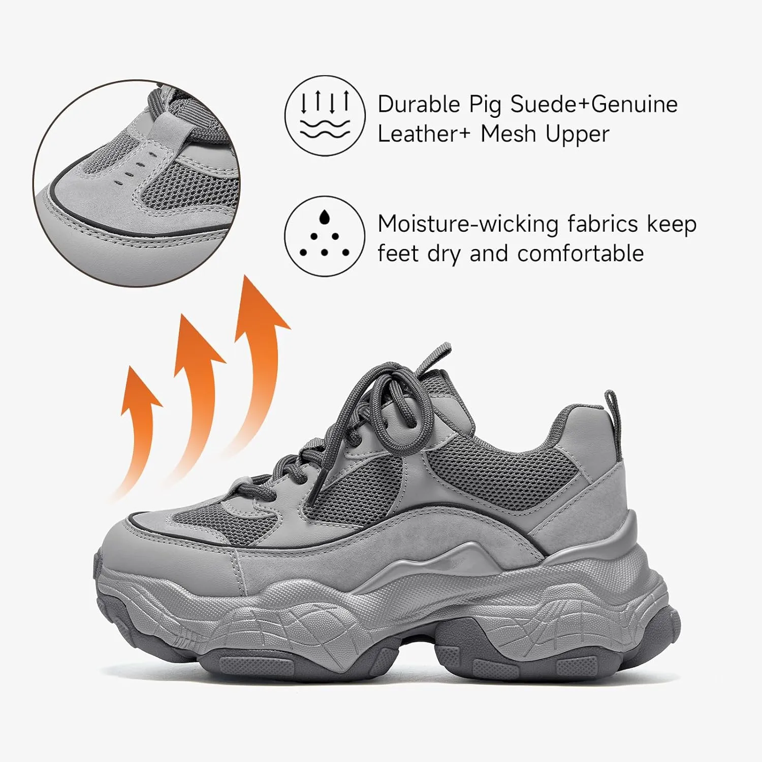BEAU TODAY Chunky Sneakers for Women, Womens Fashion Sneakers, Lace Up Platform Comfortable Leather Casual Dad Shoes
