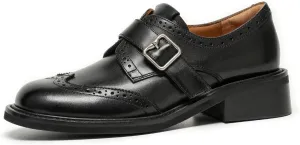 BEAU TODAY Leather Loafers for Women, Chunky Wingtip Oxfords, Monk Strap Business Oxford Shoes, Brogue Mid Heel Dressy Casual Business Oxfords