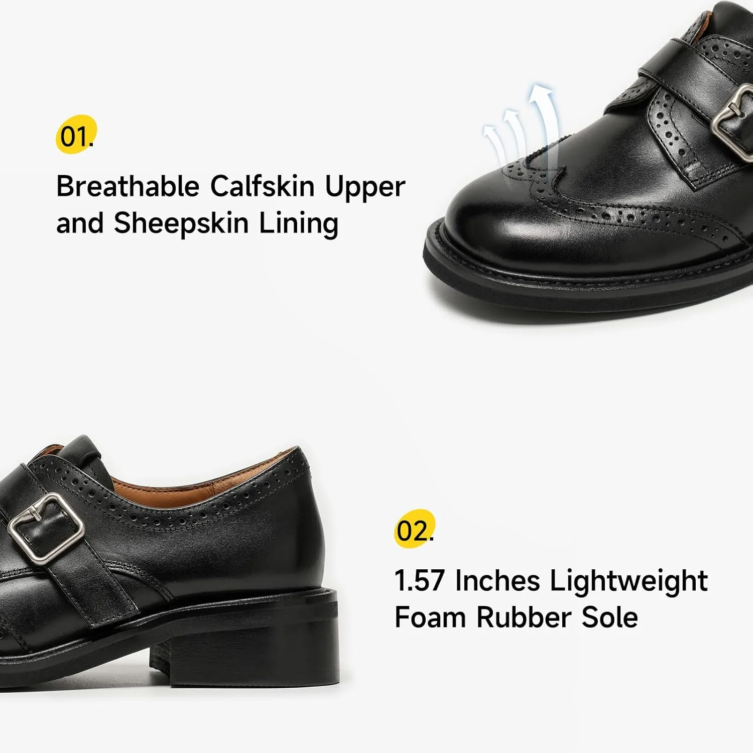 BEAU TODAY Leather Loafers for Women, Chunky Wingtip Oxfords, Monk Strap Business Oxford Shoes, Brogue Mid Heel Dressy Casual Business Oxfords