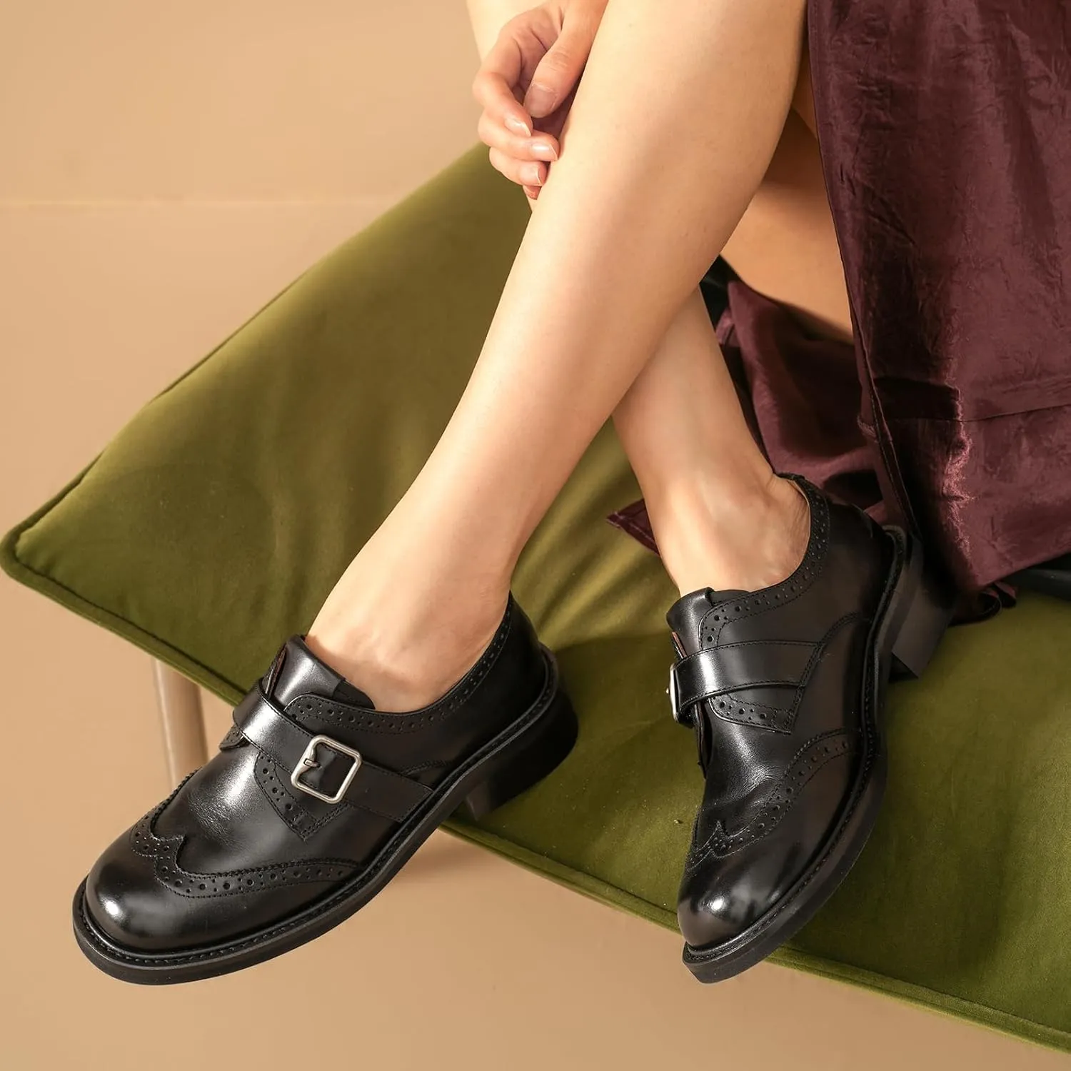 BEAU TODAY Leather Loafers for Women, Chunky Wingtip Oxfords, Monk Strap Business Oxford Shoes, Brogue Mid Heel Dressy Casual Business Oxfords