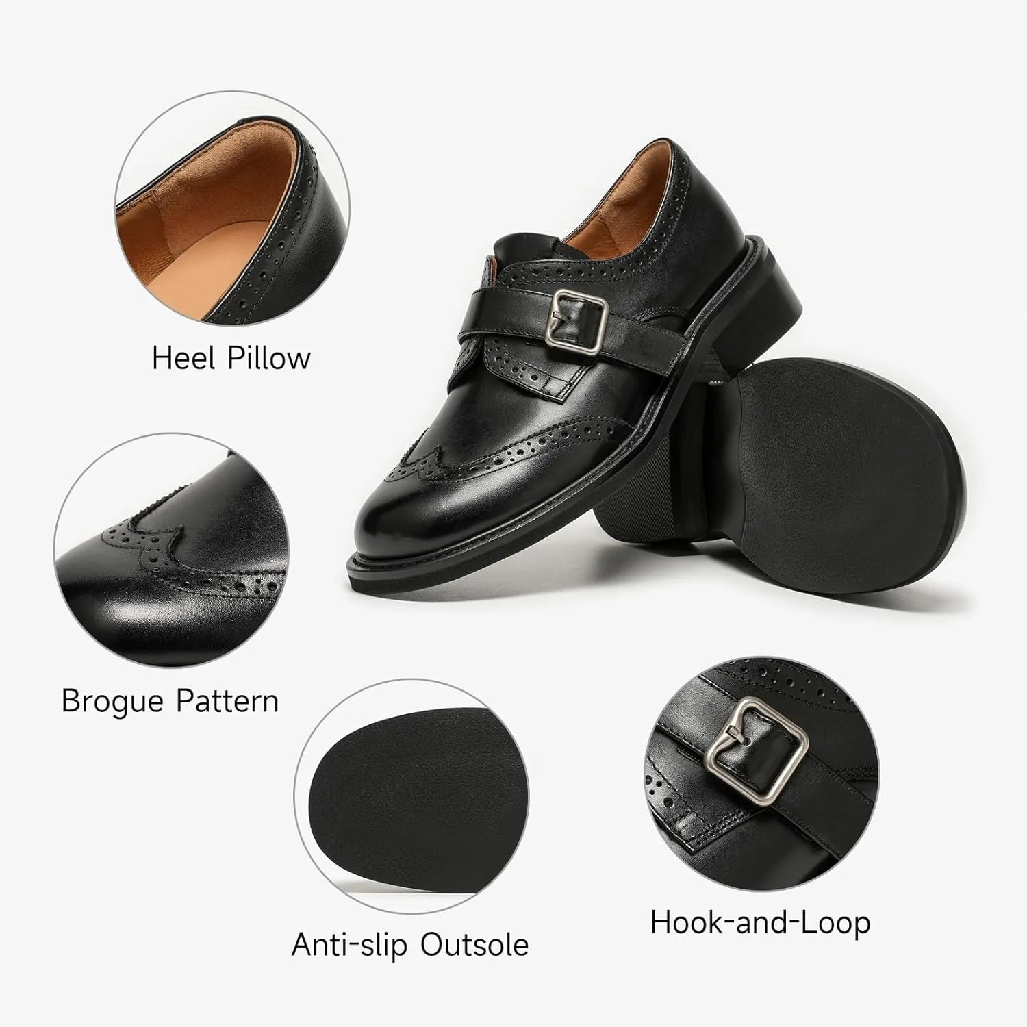 BEAU TODAY Leather Loafers for Women, Chunky Wingtip Oxfords, Monk Strap Business Oxford Shoes, Brogue Mid Heel Dressy Casual Business Oxfords