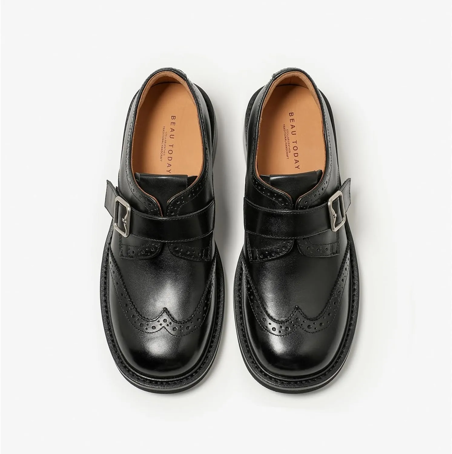 BEAU TODAY Leather Loafers for Women, Chunky Wingtip Oxfords, Monk Strap Business Oxford Shoes, Brogue Mid Heel Dressy Casual Business Oxfords