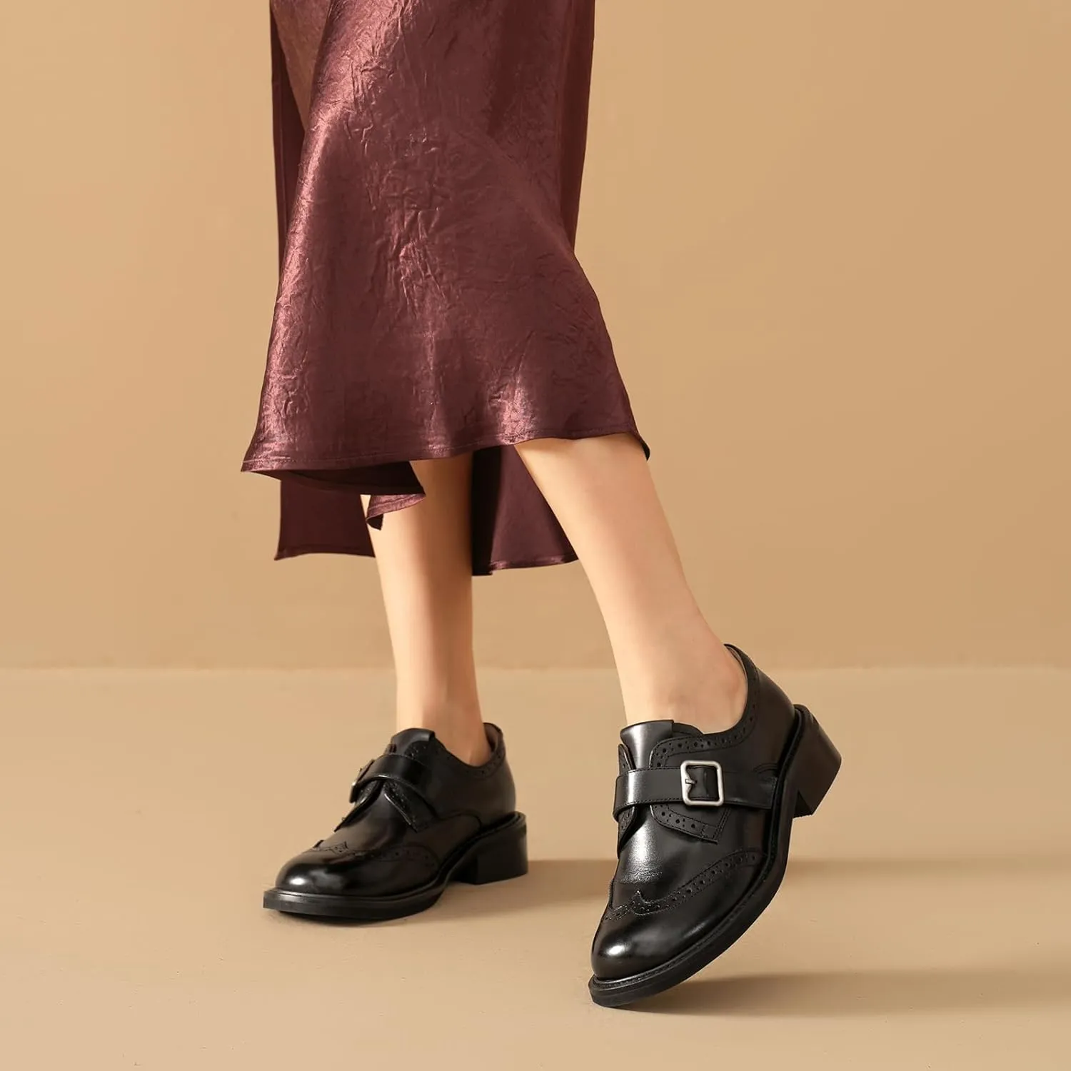 BEAU TODAY Leather Loafers for Women, Chunky Wingtip Oxfords, Monk Strap Business Oxford Shoes, Brogue Mid Heel Dressy Casual Business Oxfords