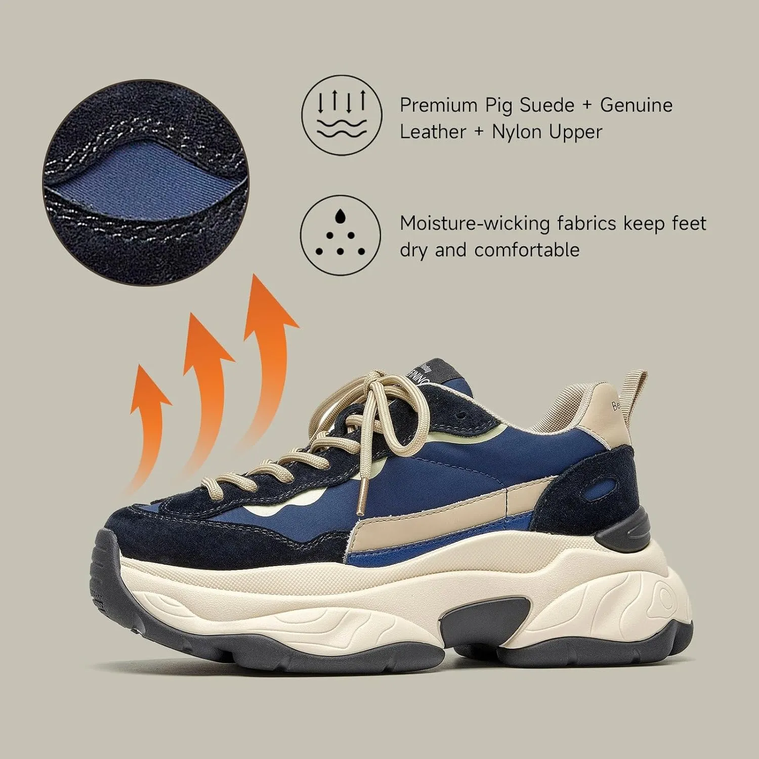 BEAU TODAY Womens Chunky Sneakers, Chunky Shoes for Women, Lace up Comfortable Fashion Dad Sneaker