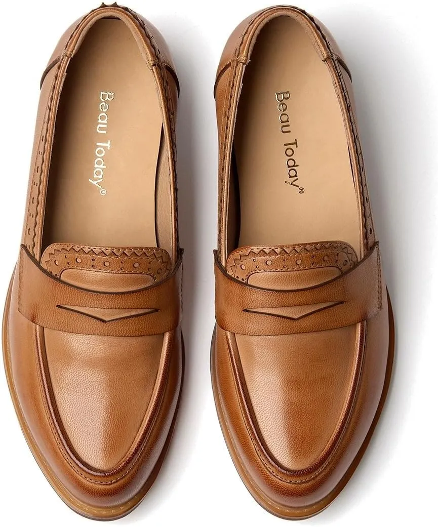 BEAU TODAY Womens Loafers, Leather Penny Loafers for Women, Comfortable Slip-on Loafers for Women Flats Shoes, Business Casual Office Work Dressy Shoes