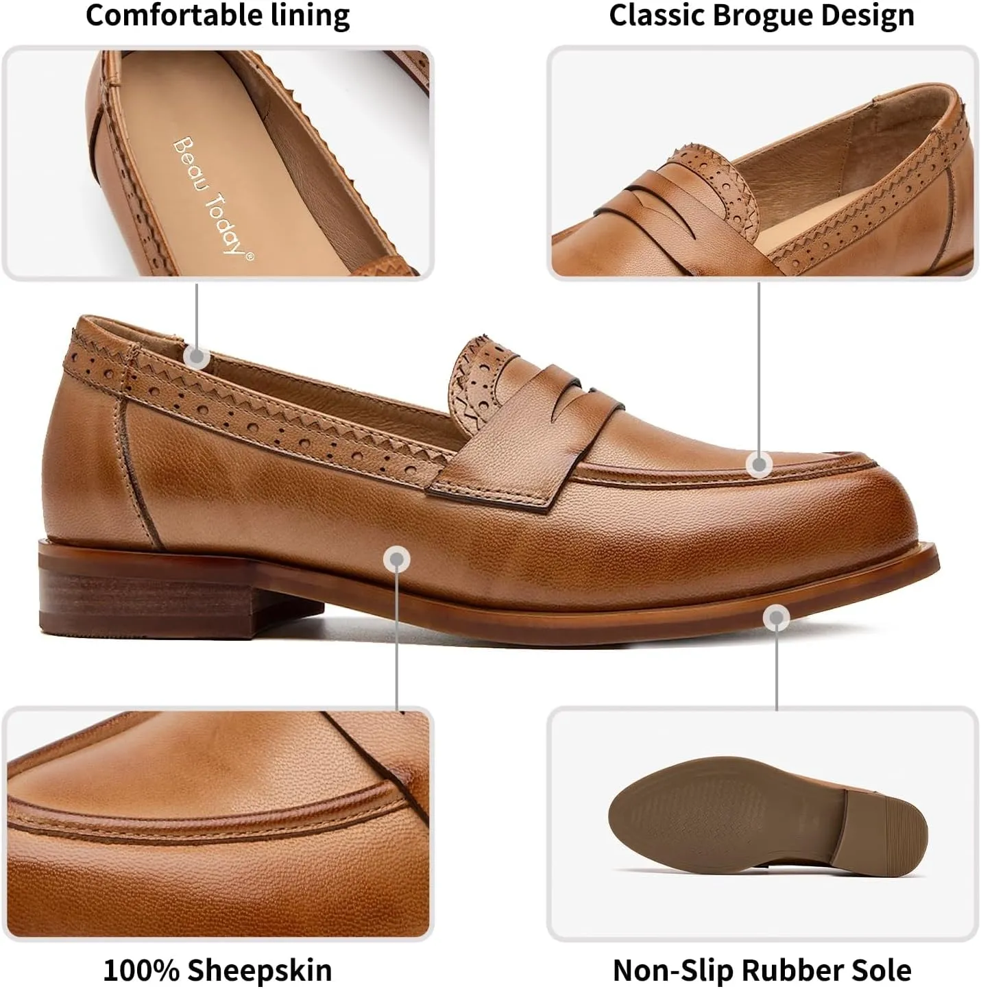 BEAU TODAY Womens Loafers, Leather Penny Loafers for Women, Comfortable Slip-on Loafers for Women Flats Shoes, Business Casual Office Work Dressy Shoes