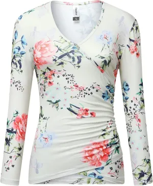 Beauhuty Women's Deep V Neck Slim Fitted Long Sleeve T-Shirt Front Wrap Ruched Tee Tops