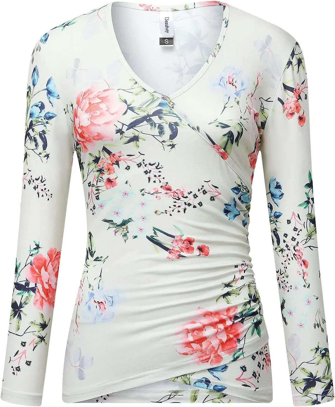 Beauhuty Women's Deep V Neck Slim Fitted Long Sleeve T-Shirt Front Wrap Ruched Tee Tops