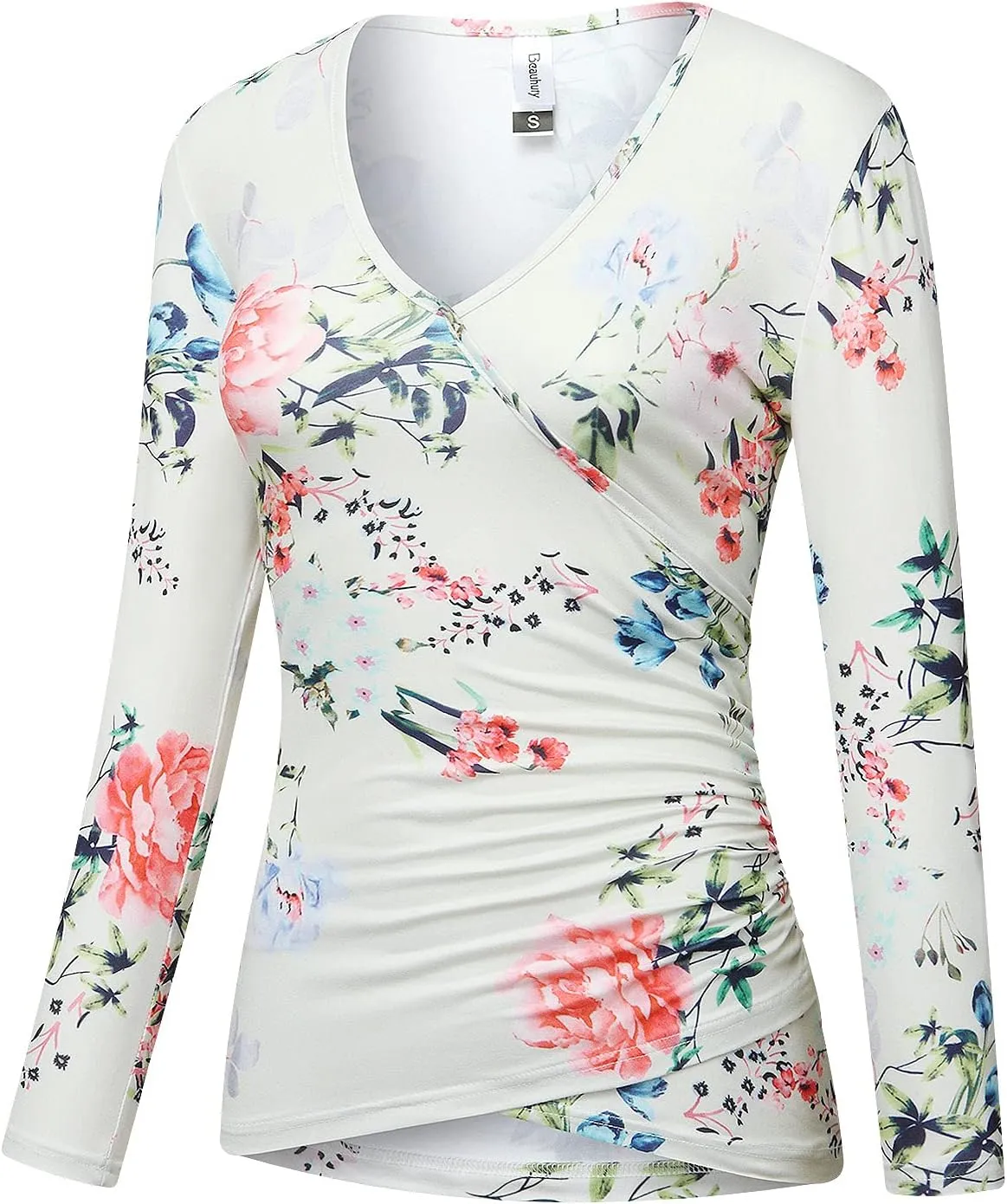 Beauhuty Women's Deep V Neck Slim Fitted Long Sleeve T-Shirt Front Wrap Ruched Tee Tops