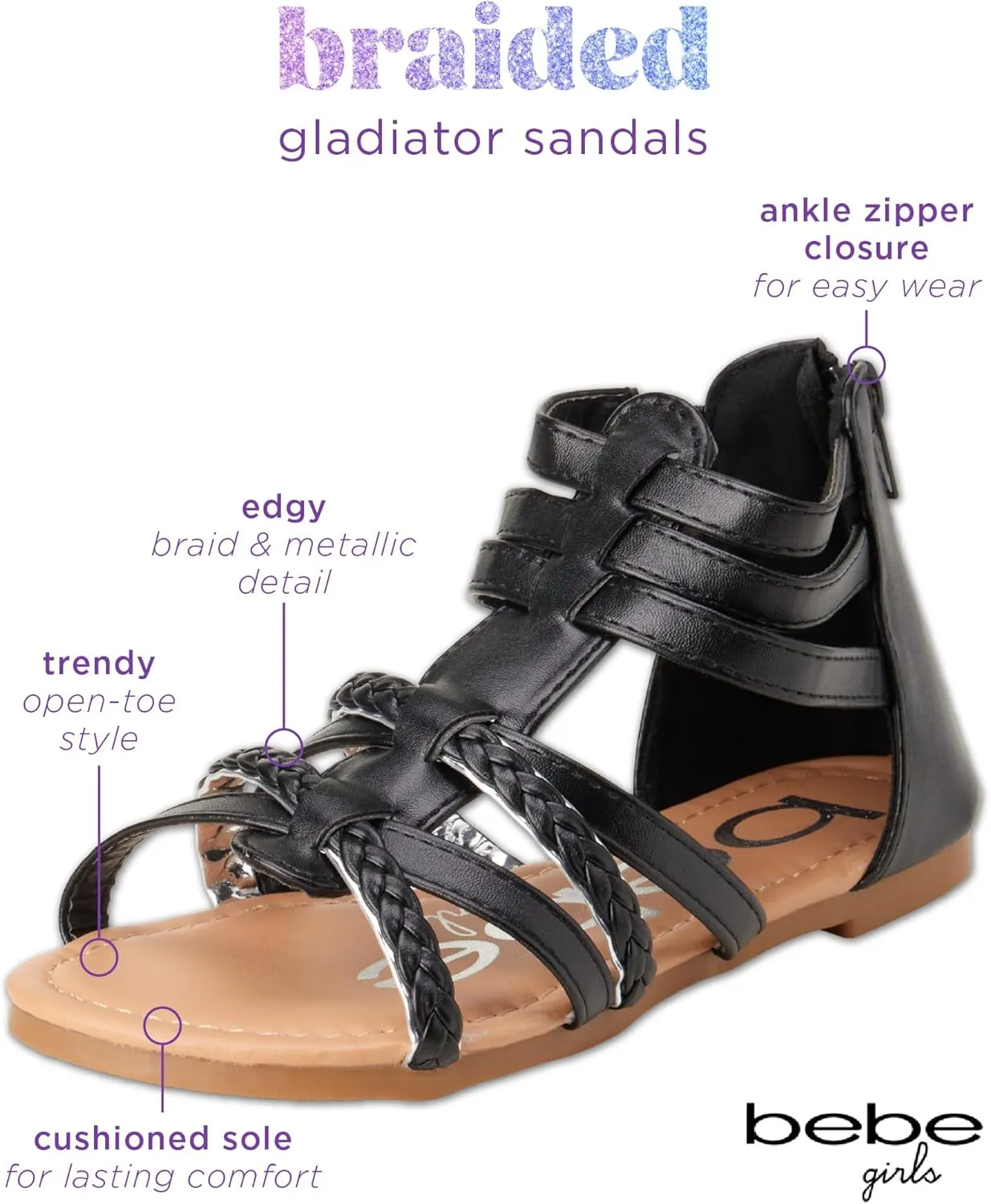 bebe Girls Sandals - Cute Open Toe Braided Strappy Gladiator Summer Sandals, Flower Girl Dress Shoes for Easter Beach Party