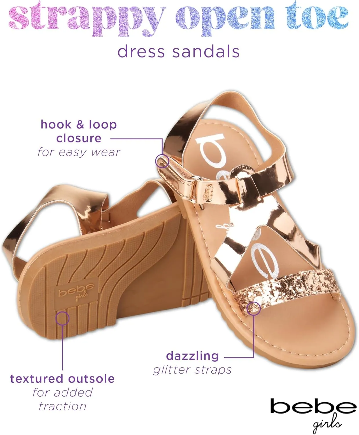 bebe Girls' Sandals - Glitter Multi Strap Open Toe Flat Dress Sandals, Easter Summer Shoes for Toddler Girls