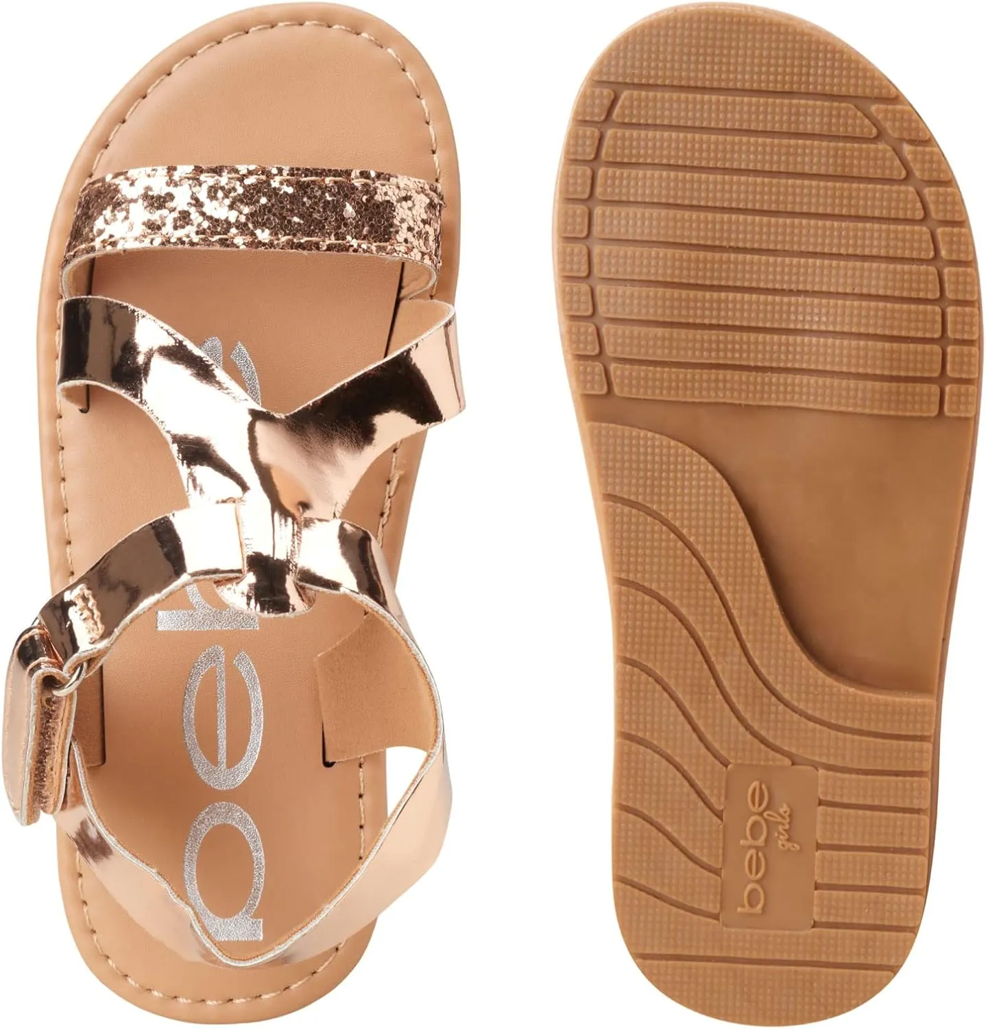 bebe Girls' Sandals - Glitter Multi Strap Open Toe Flat Dress Sandals, Easter Summer Shoes for Toddler Girls