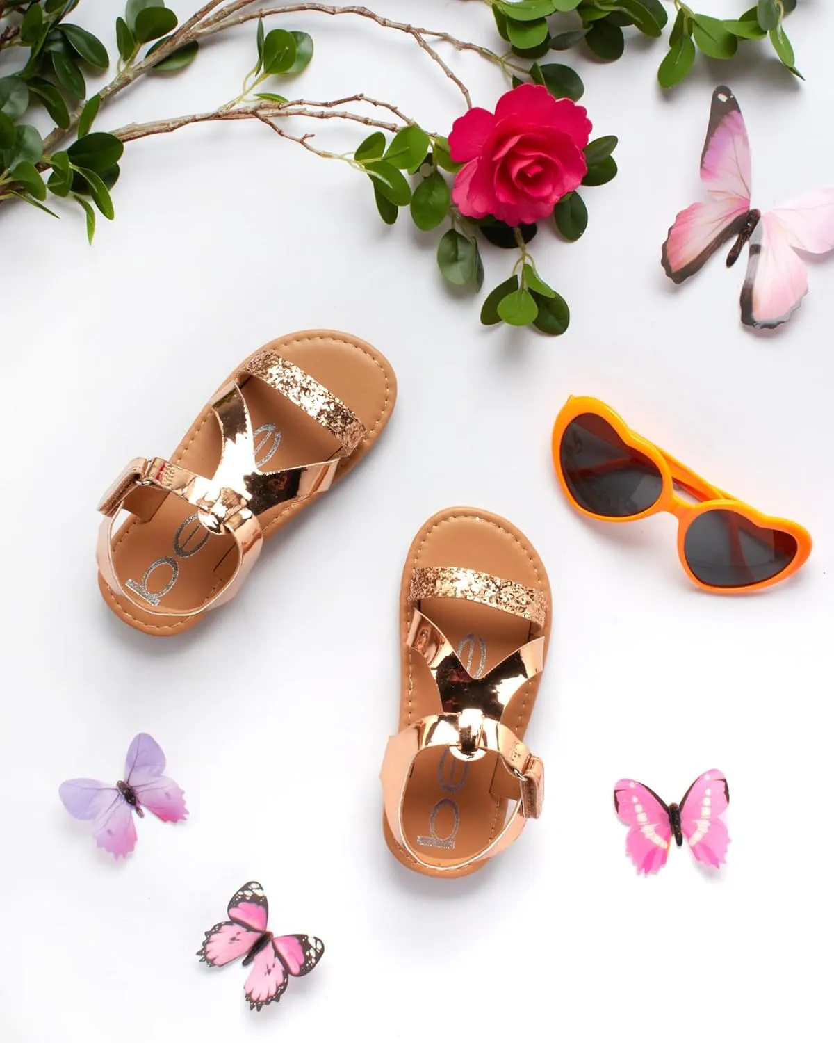 bebe Girls' Sandals - Glitter Multi Strap Open Toe Flat Dress Sandals, Easter Summer Shoes for Toddler Girls