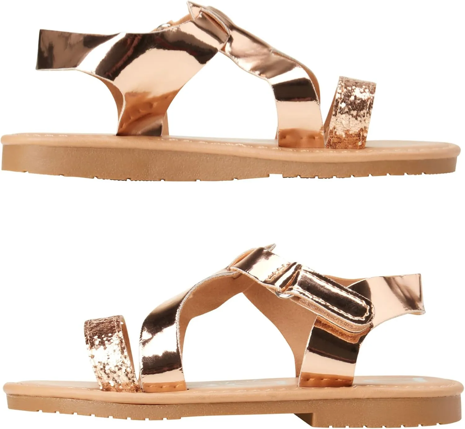 bebe Girls' Sandals - Glitter Multi Strap Open Toe Flat Dress Sandals, Easter Summer Shoes for Toddler Girls