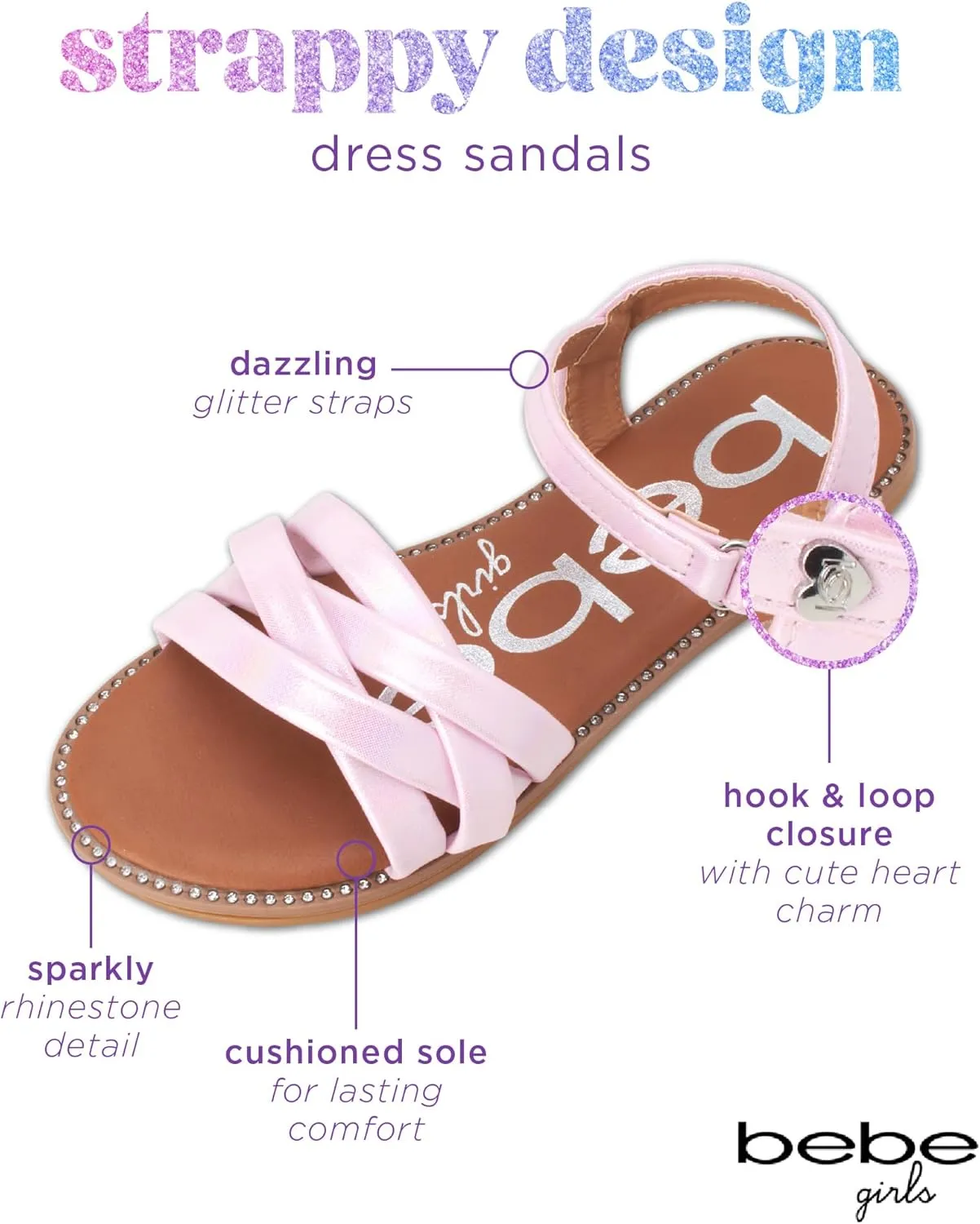 bebe Girls' Sandals - Two Strap Open Toe Flat Dress Sandals with Heart Accent, Easter Summer Shoes for Little and Big Girls