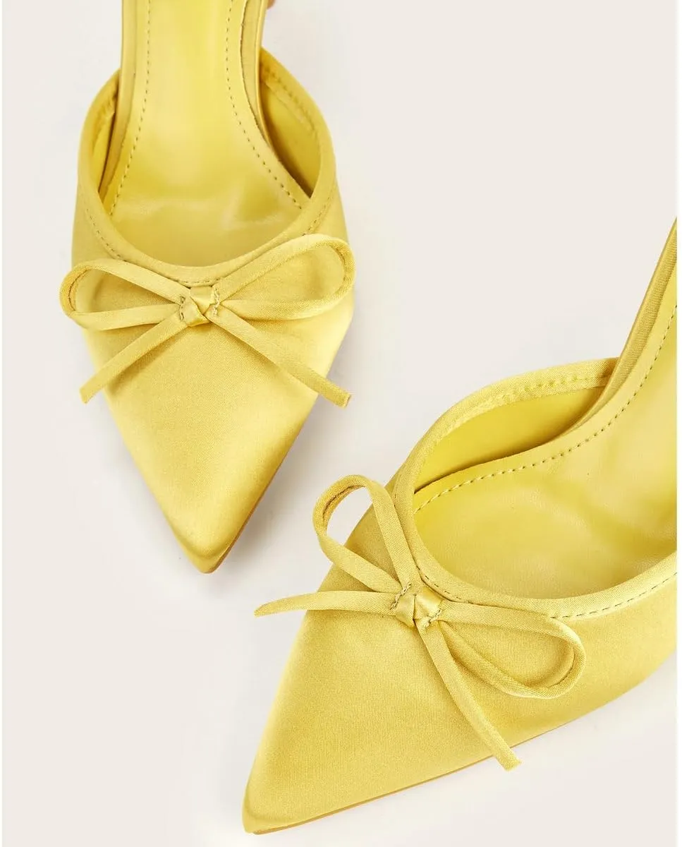 Betastella Womens Satin Bow Mule Heels Closed Pointed Toe Slip On Slingback Pumps Stiletto Heels Slide Sandals for Party