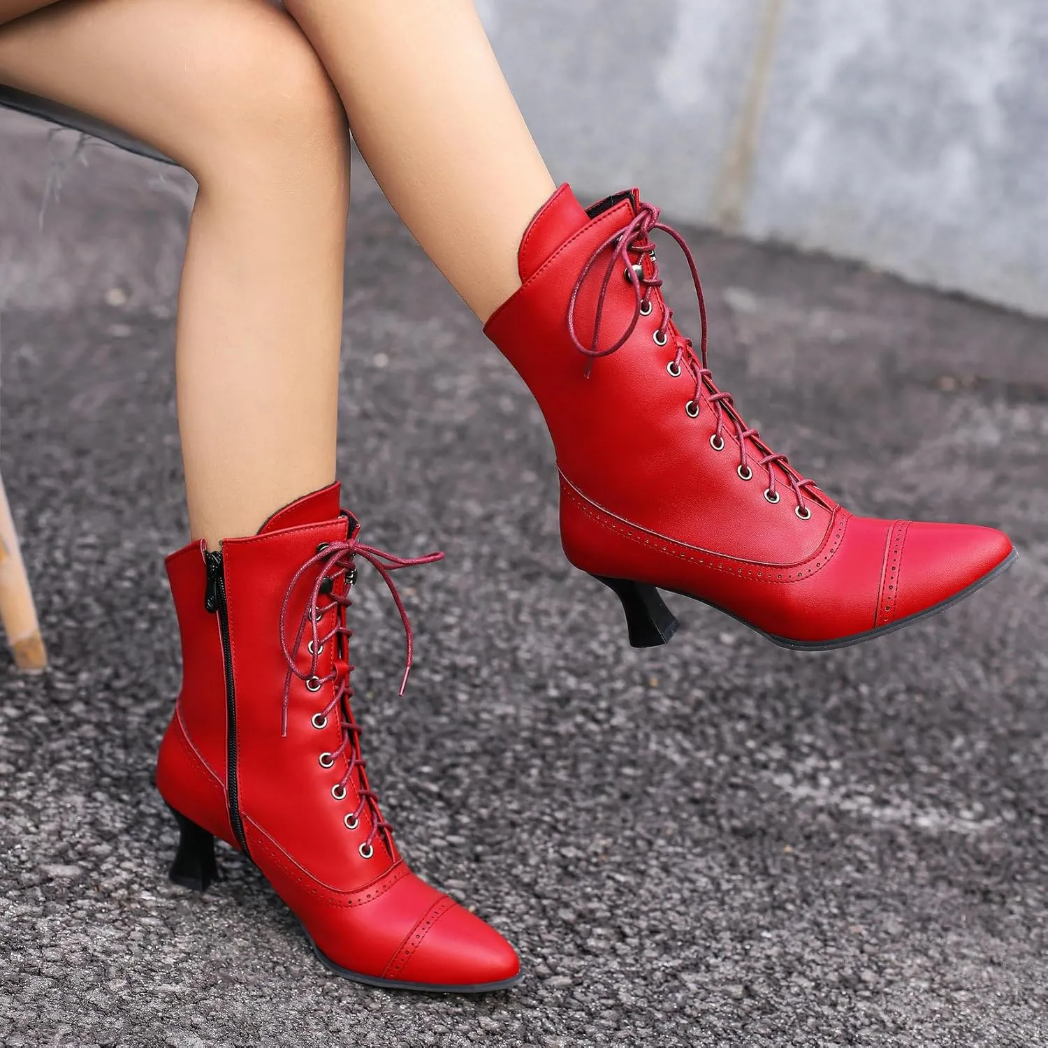 Betastella Womens Vintage Style Renaissance Boots Kitten Heel Lace Up Victorian Boots Pointed Toe Chunky Heel Ankle Boots Wingtip Witch Booties