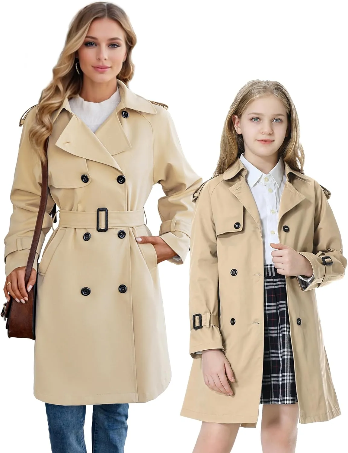 Betusline Girls & Women's Trench Coat Double Breasted Classic Lapel Outerwear, 3 Years - Women 2XL