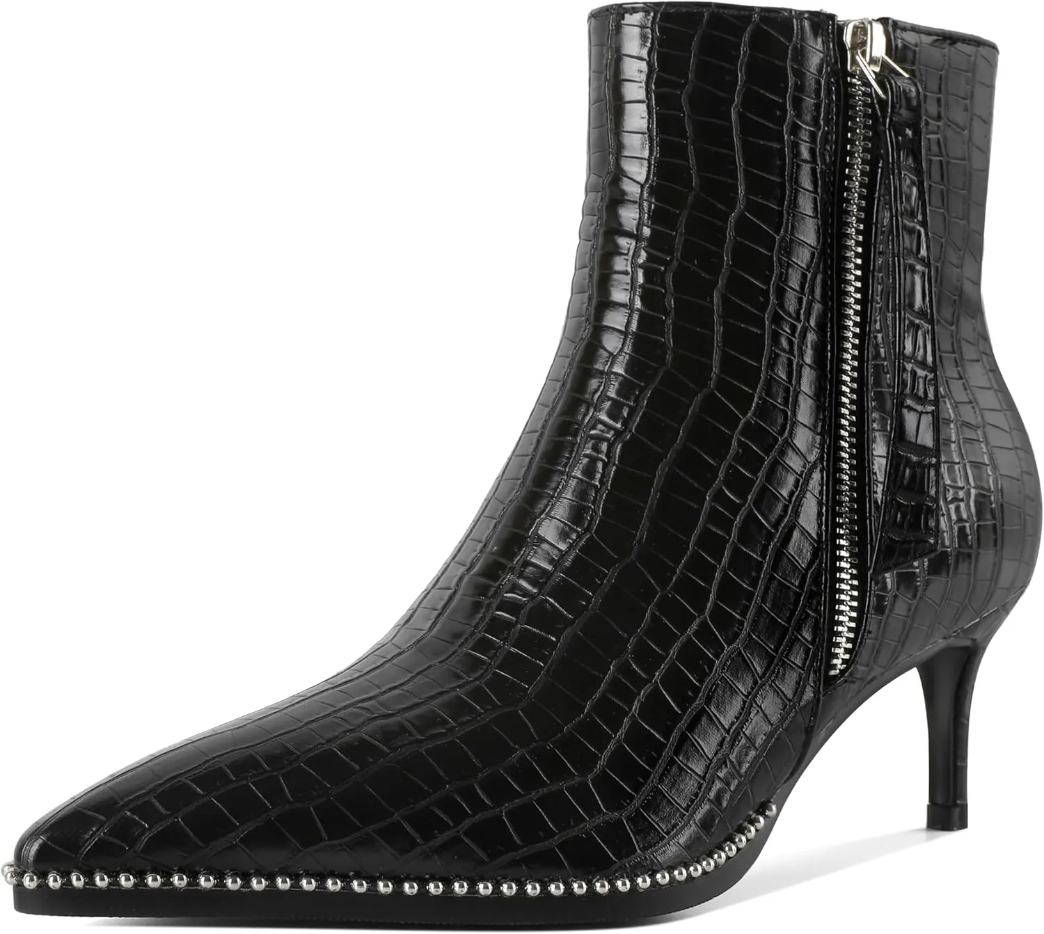 Black Ankle Boots for Women Pointey Toe Low Heel with Beads Short Boots Zipper 2.5" Ladies Dress Ankle Boots Shoes Crocodile Leather Black US Size 9