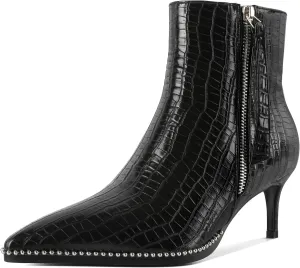 Black Ankle Boots for Women Pointey Toe Low Heel with Beads Short Boots Zipper 2.5" Ladies Dress Ankle Boots Shoes Crocodile Leather Black US Size 9