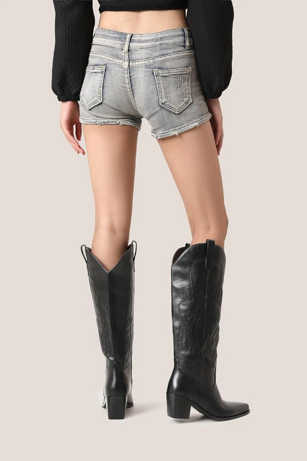 Black Cowboy Boots for Women Knee High - Women's Tall Embroidered Cowboy Boots Chunky Heel Pointed Toe Western Country Boots