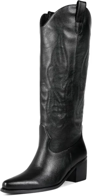 Black Cowboy Boots for Women Knee High - Women's Tall Embroidered Cowboy Boots Chunky Heel Pointed Toe Western Country Boots