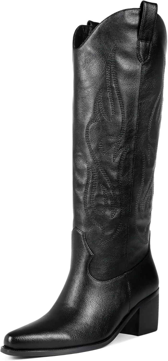 Black Cowboy Boots for Women Knee High - Women's Tall Embroidered Cowboy Boots Chunky Heel Pointed Toe Western Country Boots