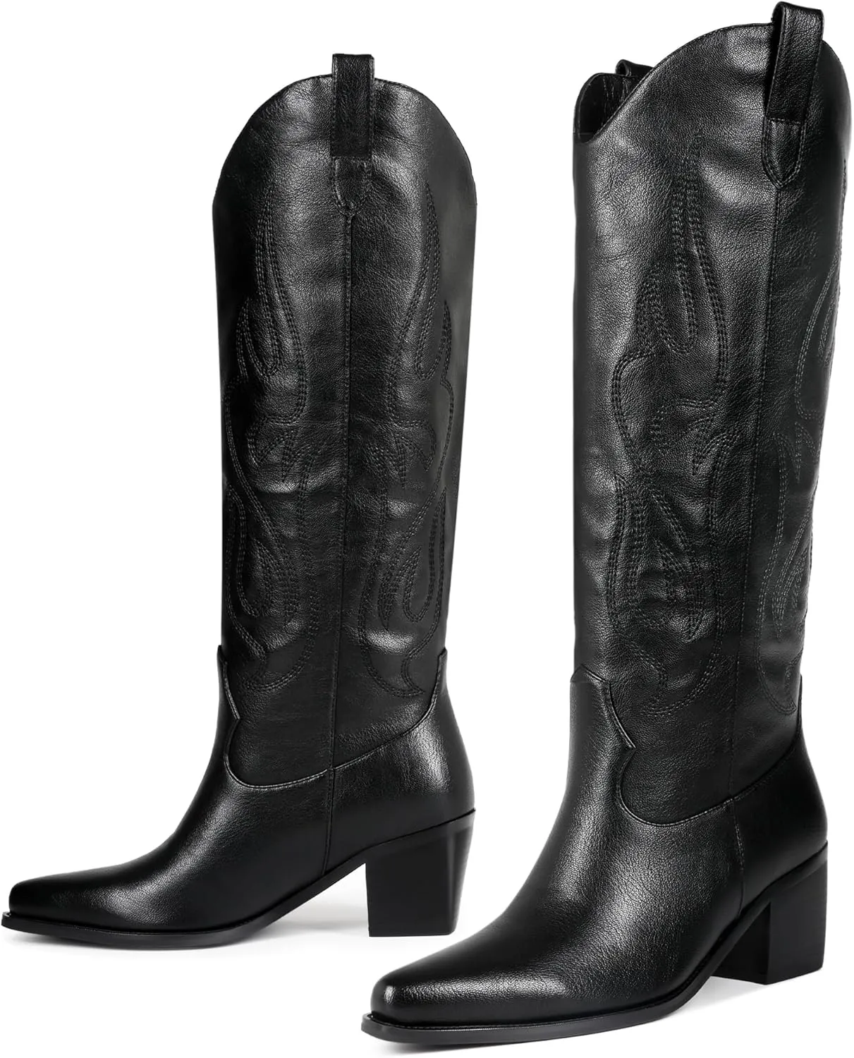 Black Cowboy Boots for Women Knee High - Women's Tall Embroidered Cowboy Boots Chunky Heel Pointed Toe Western Country Boots