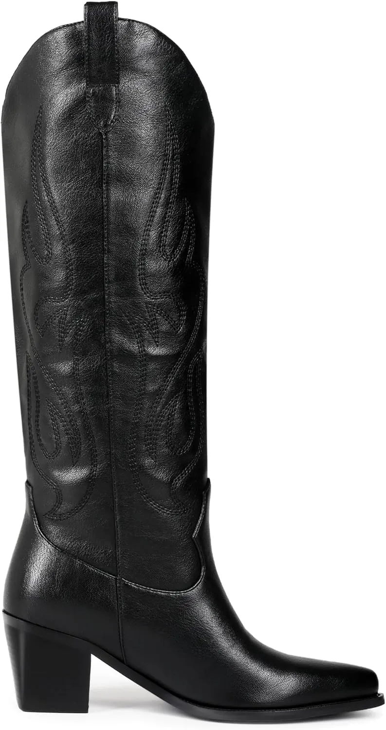 Black Cowboy Boots for Women Knee High - Women's Tall Embroidered Cowboy Boots Chunky Heel Pointed Toe Western Country Boots