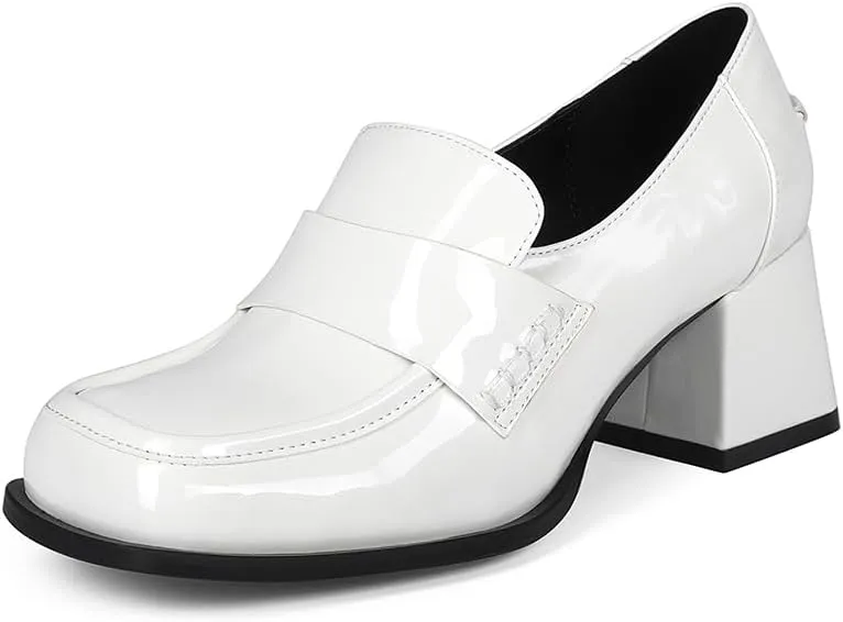 Black Loafers Trendy Square Toe Casual Slip-on Block Heel Comfortable Dress Office Shoes