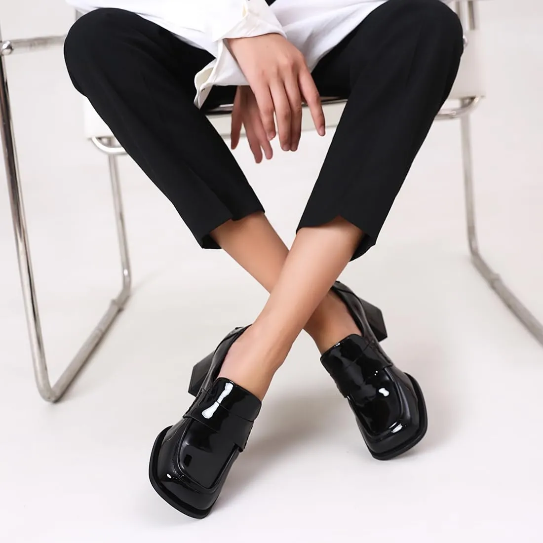 Black Loafers Trendy Square Toe Casual Slip-on Block Heel Comfortable Dress Office Shoes