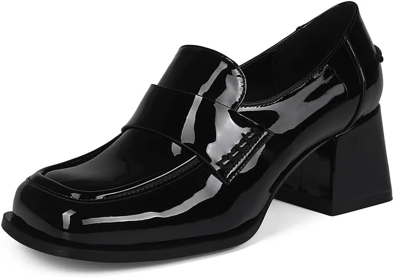 Black Loafers Trendy Square Toe Casual Slip-on Block Heel Comfortable Dress Office Shoes