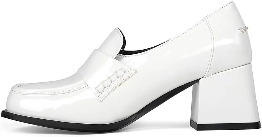 Black Loafers Trendy Square Toe Casual Slip-on Block Heel Comfortable Dress Office Shoes