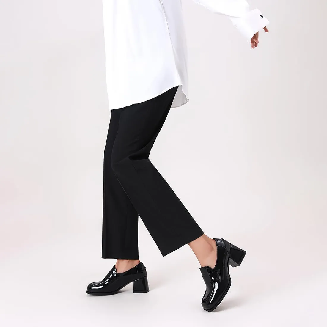 Black Loafers Trendy Square Toe Casual Slip-on Block Heel Comfortable Dress Office Shoes