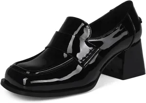 Black Loafers Trendy Square Toe Casual Slip-on Block Heel Comfortable Dress Office Shoes