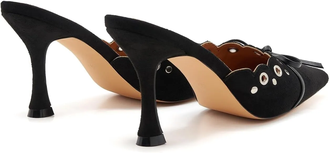 Bow Tie Heeled Mules for Women Pointy Studs Kitten Heels Dress Pumps Backless Stilettos Heels