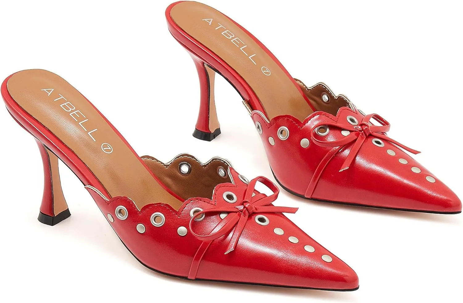Bow Tie Heeled Mules for Women Pointy Studs Kitten Heels Dress Pumps Backless Stilettos Heels