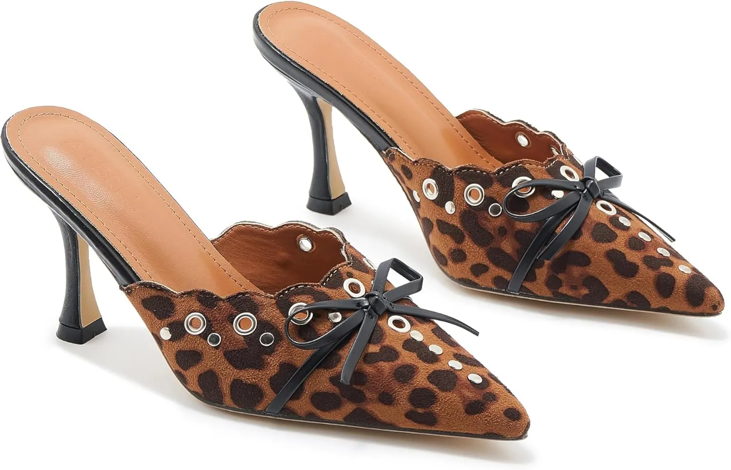 Bow Tie Heeled Mules for Women Pointy Studs Kitten Heels Dress Pumps Backless Stilettos Heels