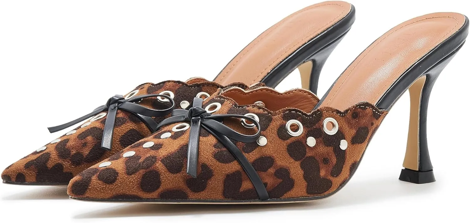 Bow Tie Heeled Mules for Women Pointy Studs Kitten Heels Dress Pumps Backless Stilettos Heels