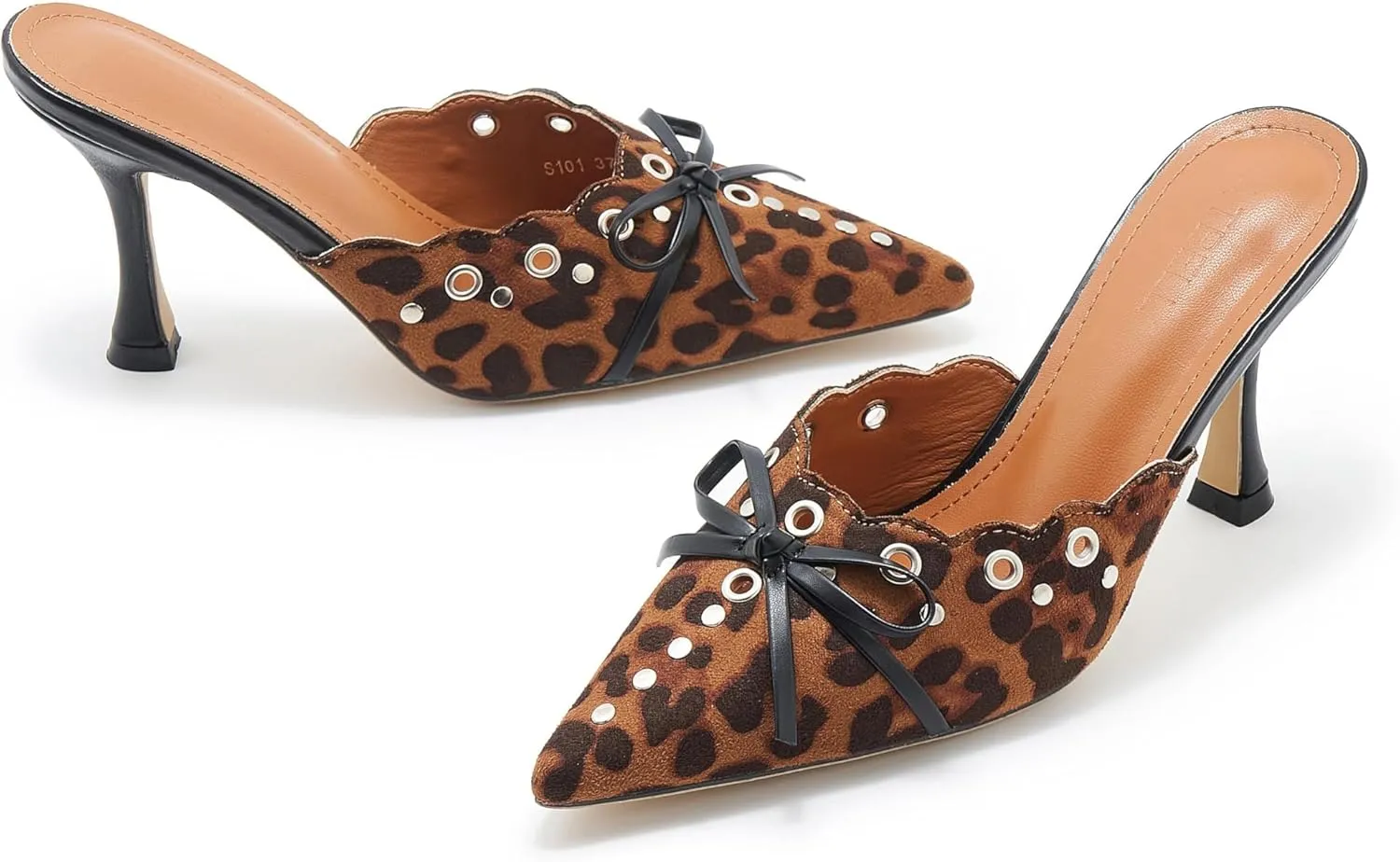 Bow Tie Heeled Mules for Women Pointy Studs Kitten Heels Dress Pumps Backless Stilettos Heels