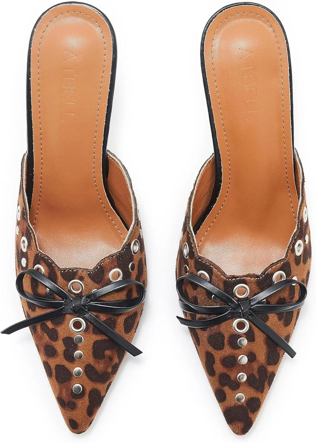 Bow Tie Heeled Mules for Women Pointy Studs Kitten Heels Dress Pumps Backless Stilettos Heels