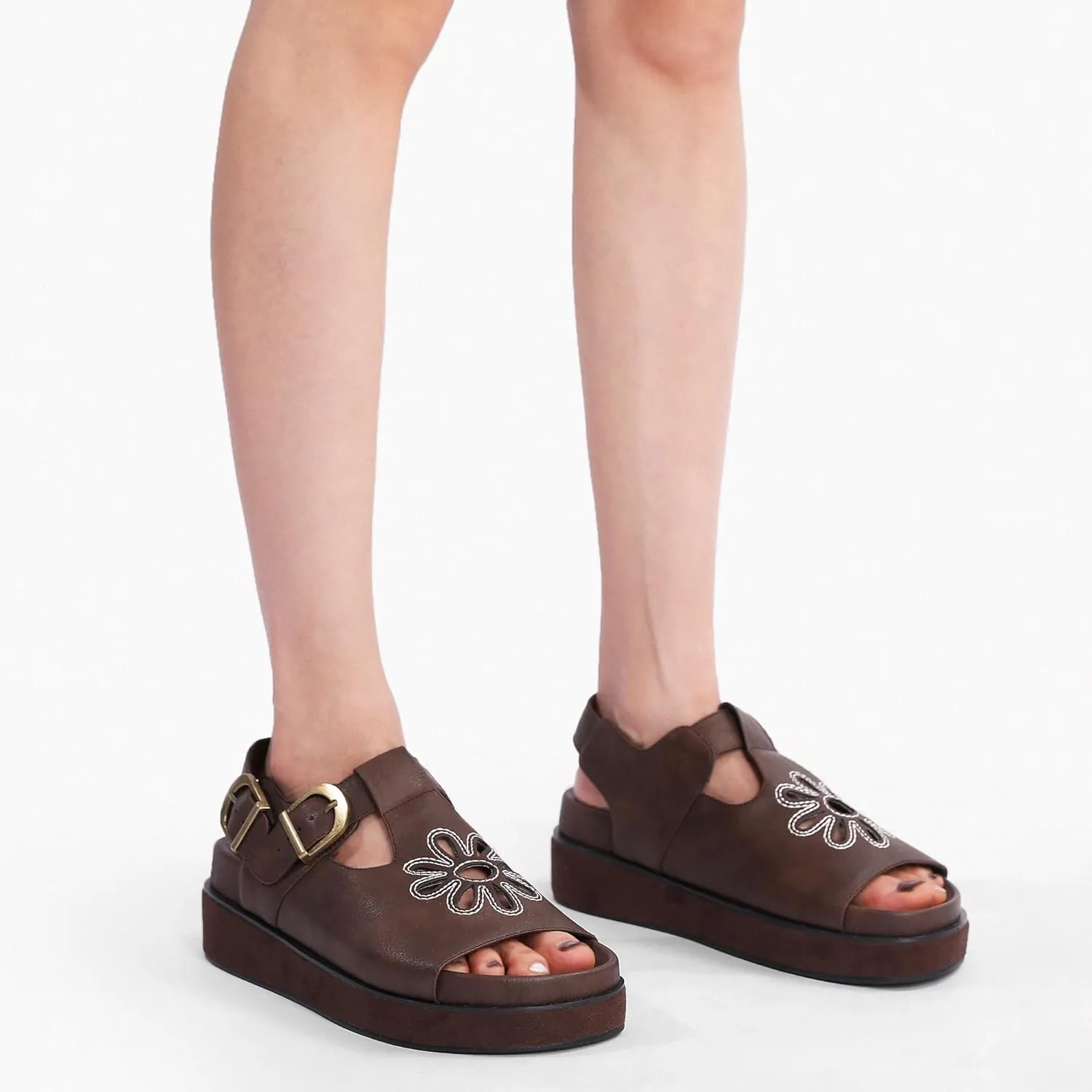 Brown Flower Platform Sandals for Women with Adjustable Buckle Back Strap Comfort Summer Open Toe Slip on Slingback T-Strap Beach Sandals.