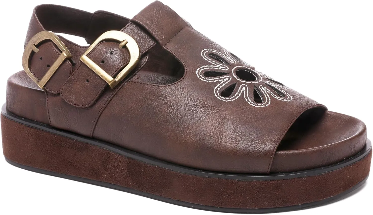 Brown Flower Platform Sandals for Women with Adjustable Buckle Back Strap Comfort Summer Open Toe Slip on Slingback T-Strap Beach Sandals.