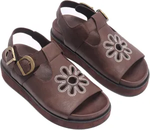 Brown Flower Platform Sandals for Women with Adjustable Buckle Back Strap Comfort Summer Open Toe Slip on Slingback T-Strap Beach Sandals.
