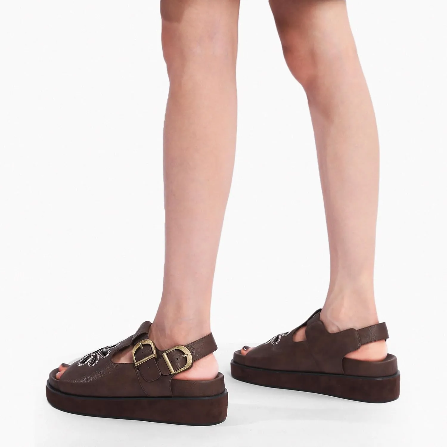 Brown Flower Platform Sandals for Women with Adjustable Buckle Back Strap Comfort Summer Open Toe Slip on Slingback T-Strap Beach Sandals.