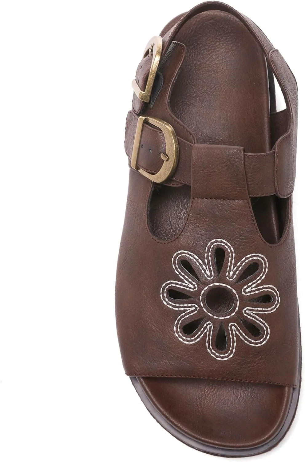 Brown Flower Platform Sandals for Women with Adjustable Buckle Back Strap Comfort Summer Open Toe Slip on Slingback T-Strap Beach Sandals.