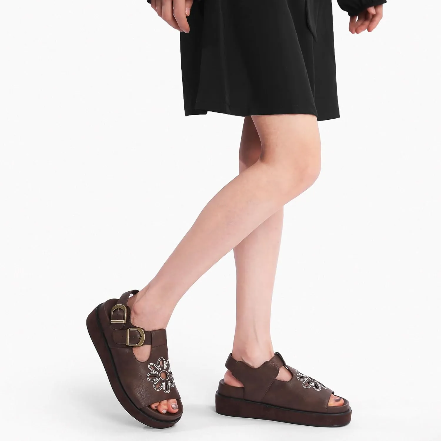 Brown Flower Platform Sandals for Women with Adjustable Buckle Back Strap Comfort Summer Open Toe Slip on Slingback T-Strap Beach Sandals.