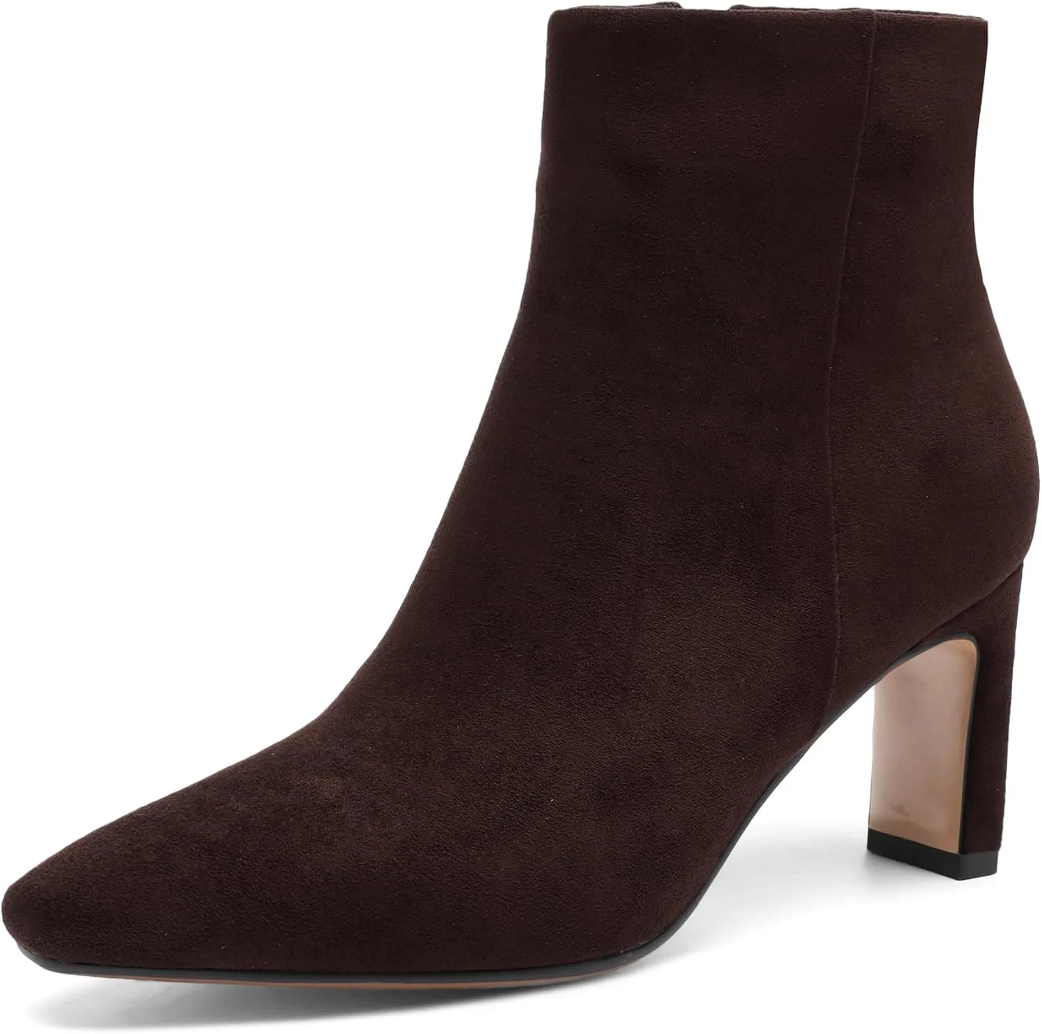 Brown Suede Ankle Boots for Women Pointed Toe Chunky High Heeled Booties Fall Dressy Short Boots with Zipper