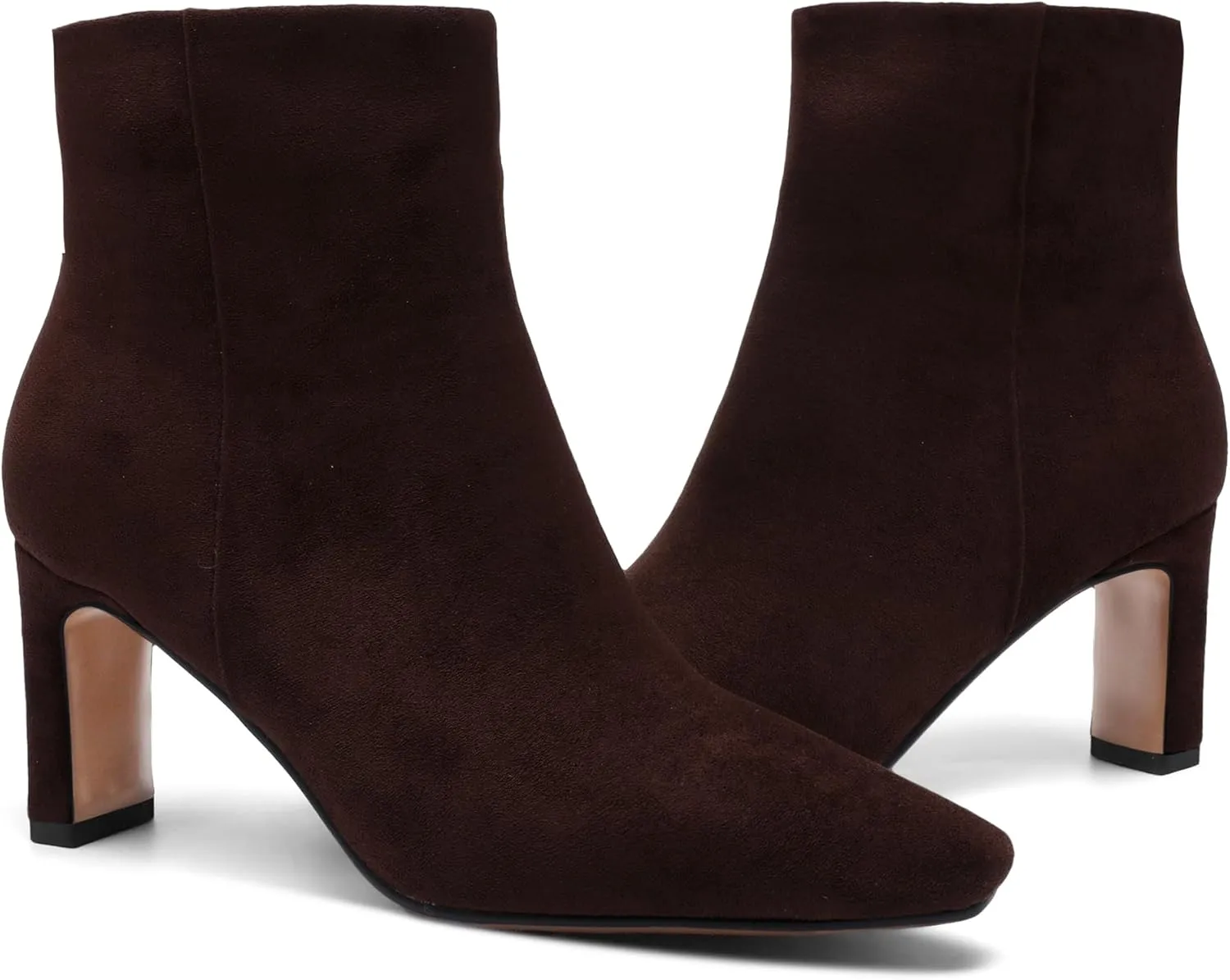 Brown Suede Ankle Boots for Women Pointed Toe Chunky High Heeled Booties Fall Dressy Short Boots with Zipper