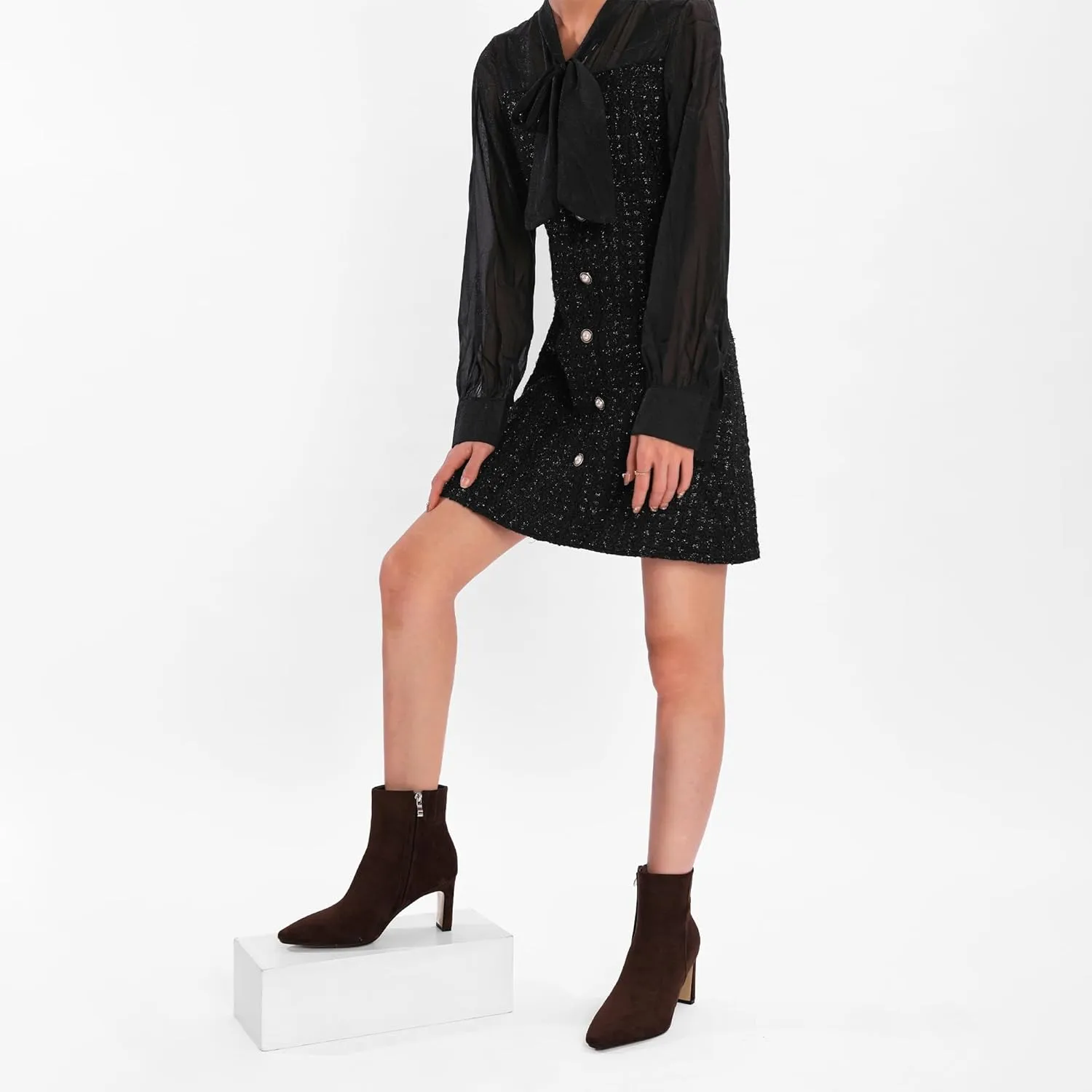 Brown Suede Ankle Boots for Women Pointed Toe Chunky High Heeled Booties Fall Dressy Short Boots with Zipper